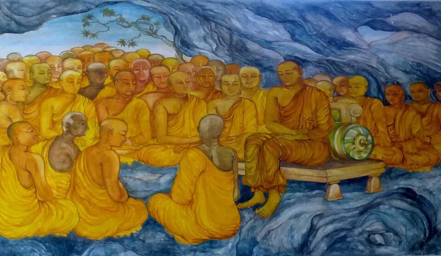Pintura de una asamblea de monjes sentados en una cueva