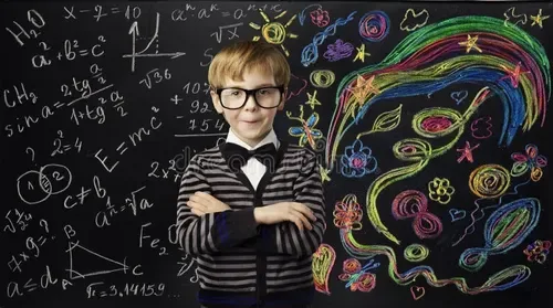 Un niño con anteojos ante un pizarrón con fórmulas a un lado y dibujos de colores al otro